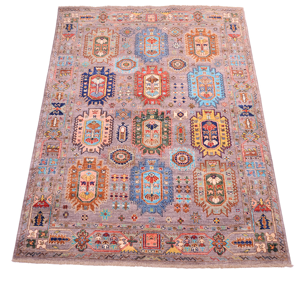 A 7x5 rectangular Afghan Waziri rug with an intricate traditional pattern, featuring a grey base color with multiple colourful medallions in blue, red, orange, green, and yellow.