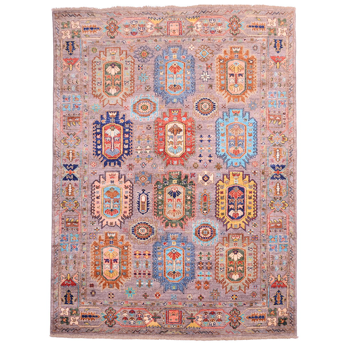 Handmade Waziri rug with multicolour 12 gul design on a grey ground.
