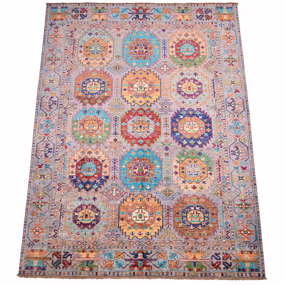 A 8x5'9 Afghan Waziri area rug with a traditional geometric pattern, featuring a grey central field of colourful medallions and a decorative border, shown flat against a white background.