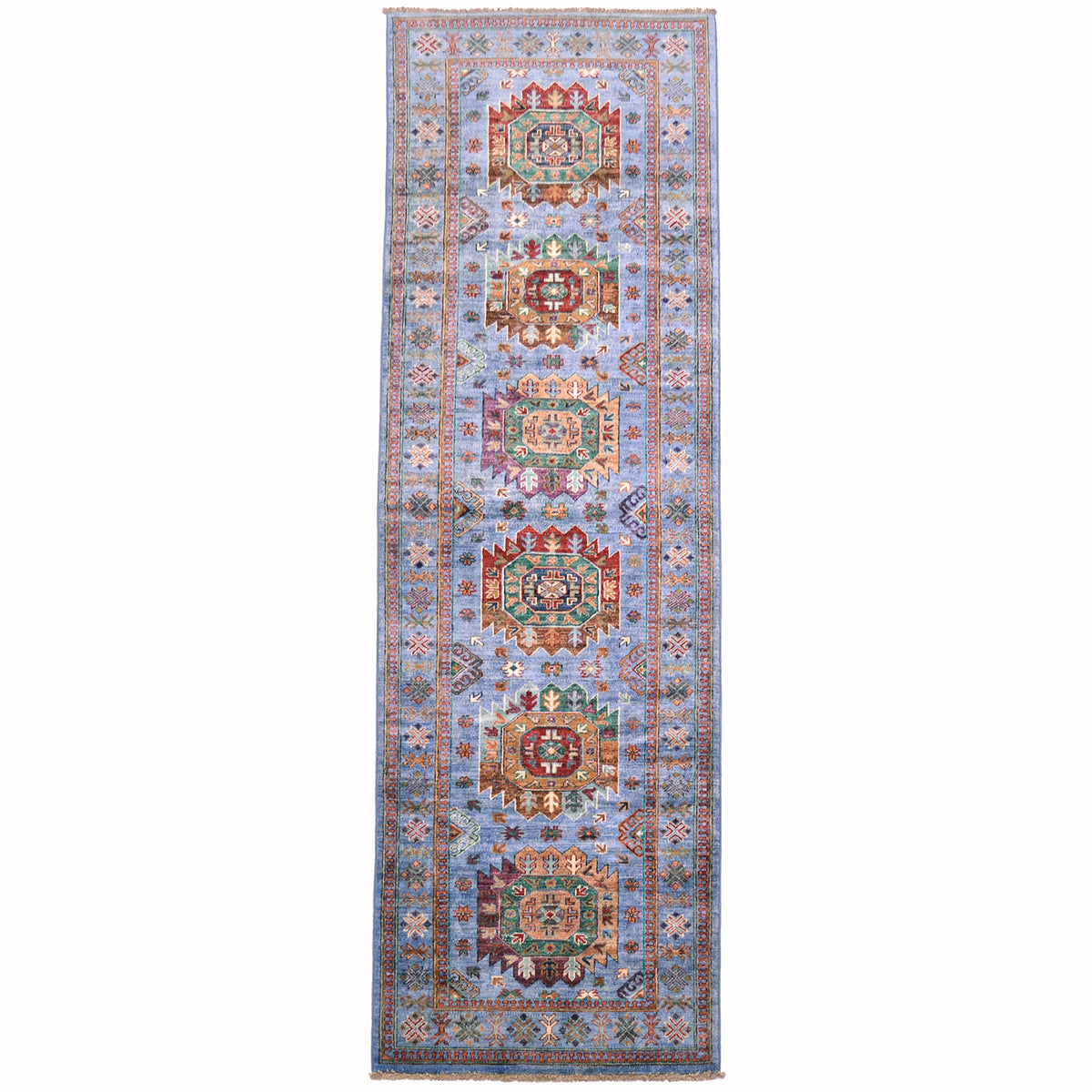 Handmade Waziri runner with blue main colour and 5 large gul motifs.