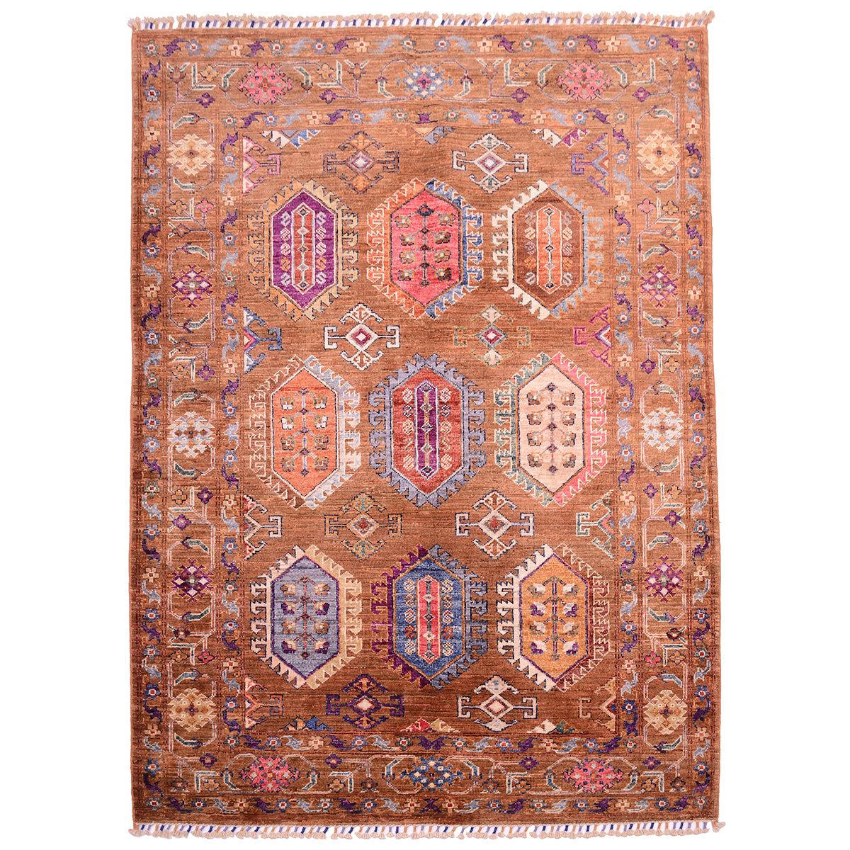 Handmade Afghan Cinnamon brown Waziri rug with all over geometric colourful design of gul motifs.