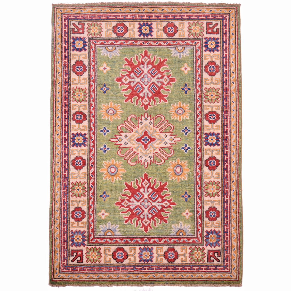 Green Afghan kazak rug with geometric 3 medallion design.