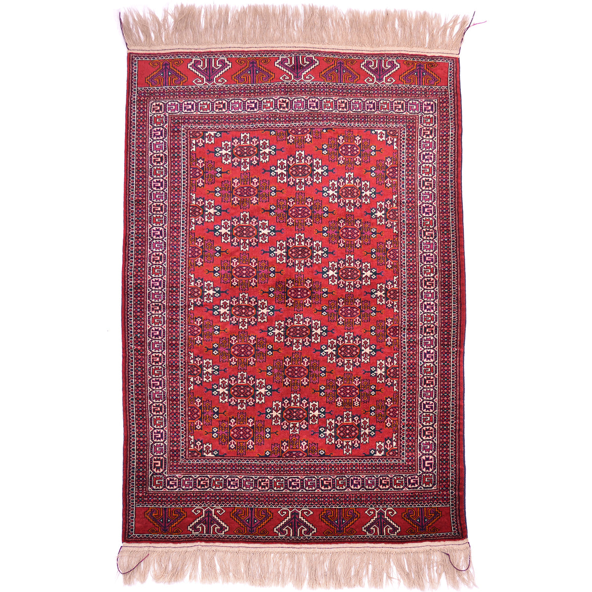 Hand-knotted Turkoman Yamoud Rug with design of kepse guls on a red ground.
