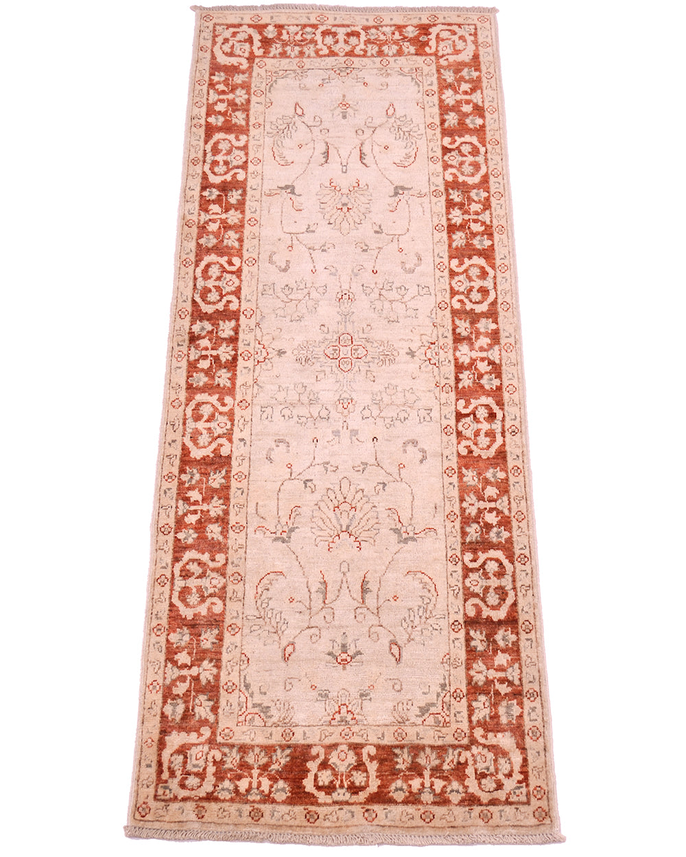 Handknotted floral ziegler runner with warm rust amber border and cream main field.