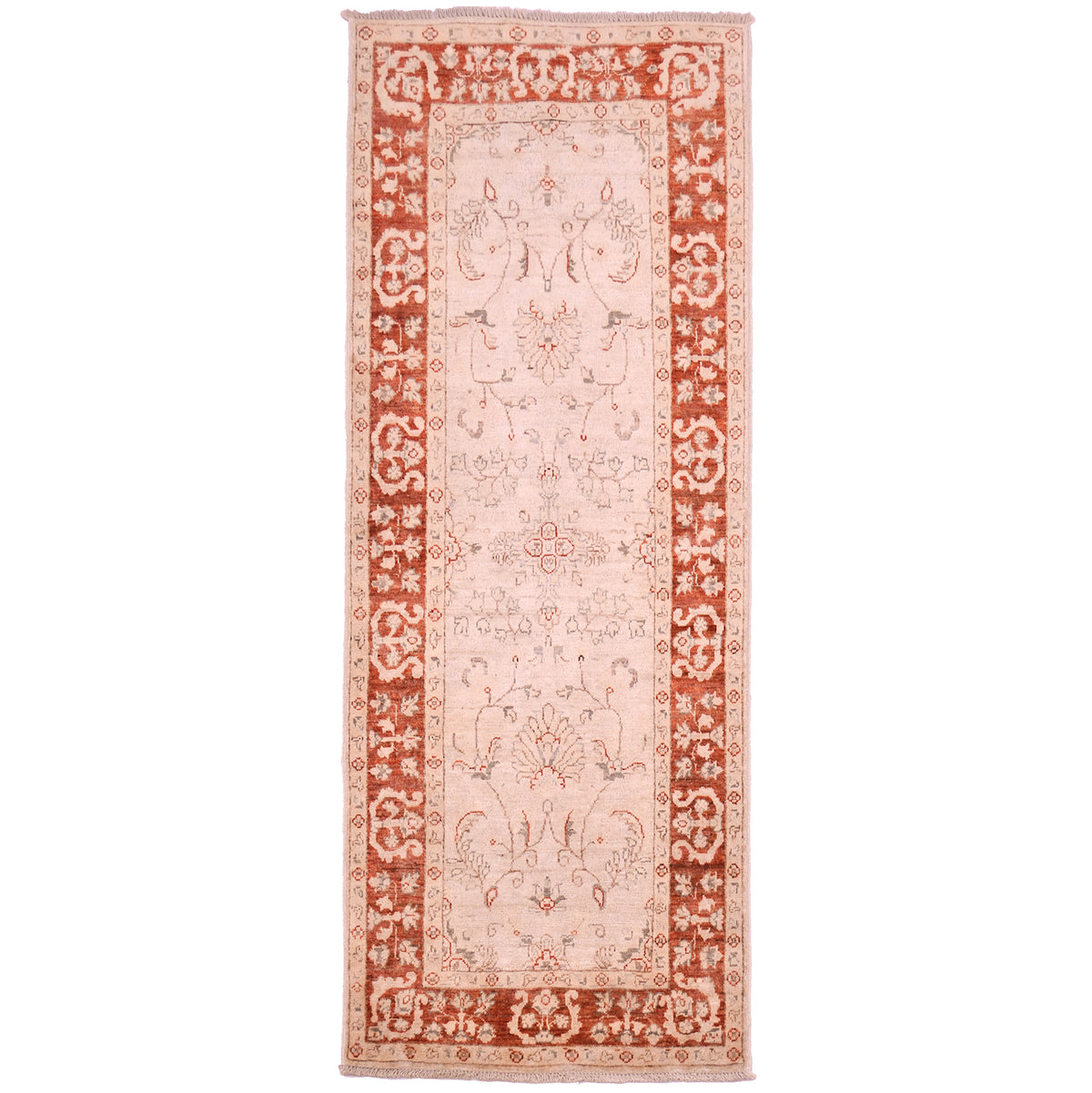 Traditional Afghan Ziegler Strip / short runner with classic colours of soft beige with rust border & floral pattern.