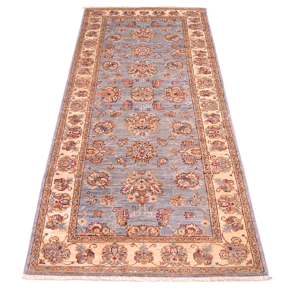 Blue grey field of floral ziegler design runner with floral palmettes