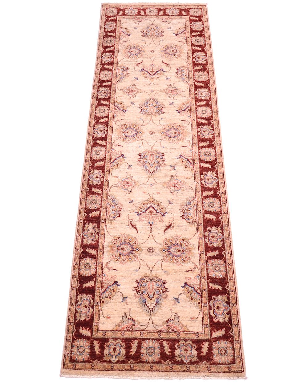 Classic design of Hanknotted Afghan Ziegler Runner with palmette filled cream beige main field and decorative border.