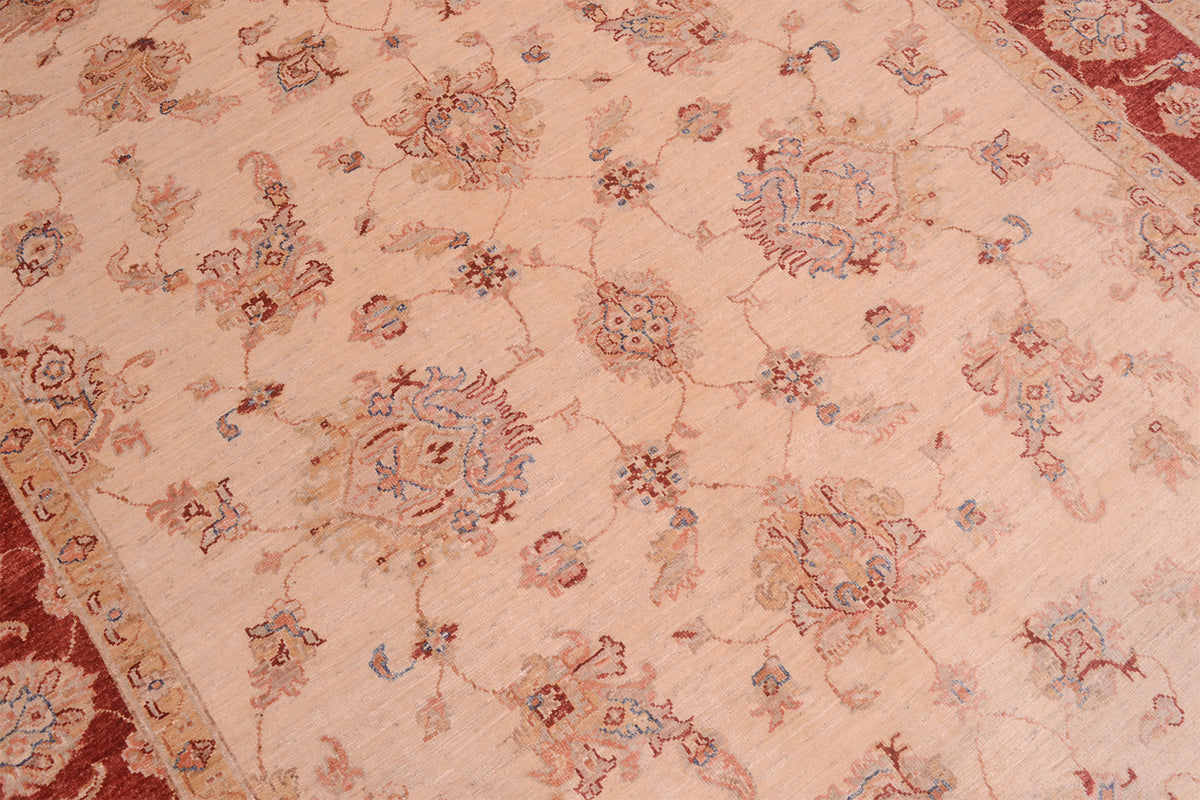 Close up detail of magnificent floral and tendril vine field with large ornate palmettes with light blue detailing.