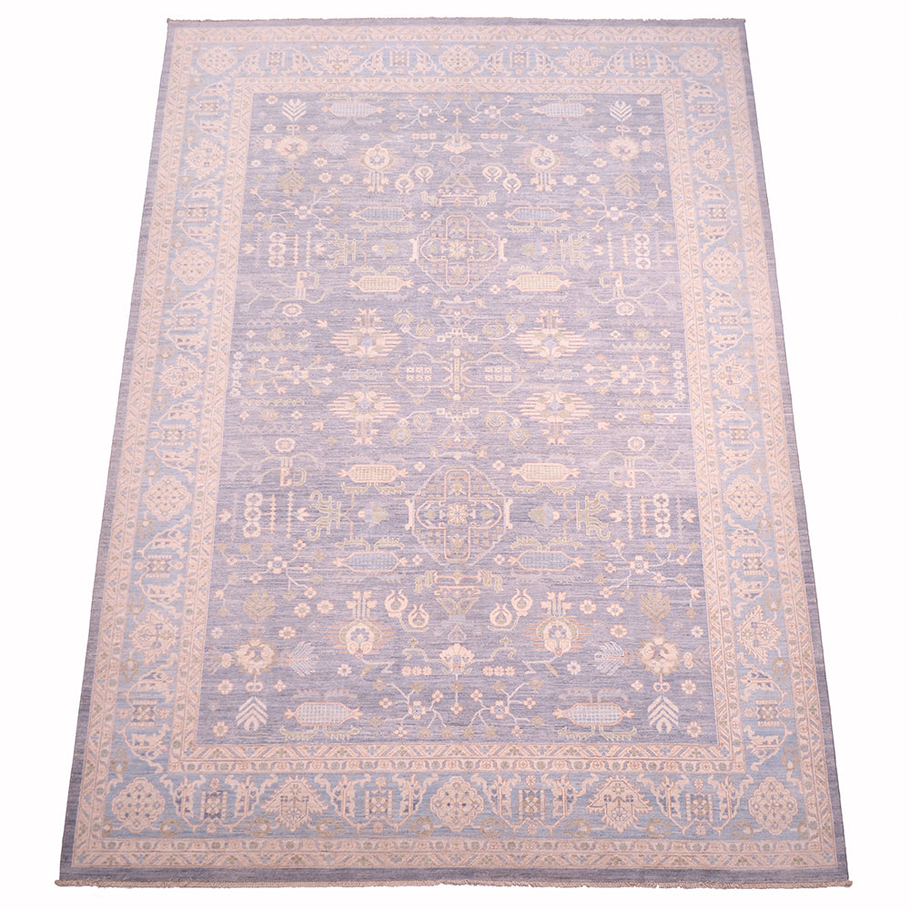Pastel blue patterned area rug with central panel and detailed geometric border