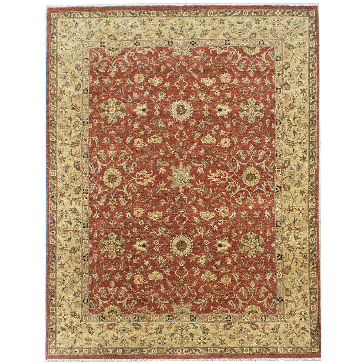 Oversize Ziegler carpet with hand-knotted wool pile, rust hues with gold border and all over floral design.