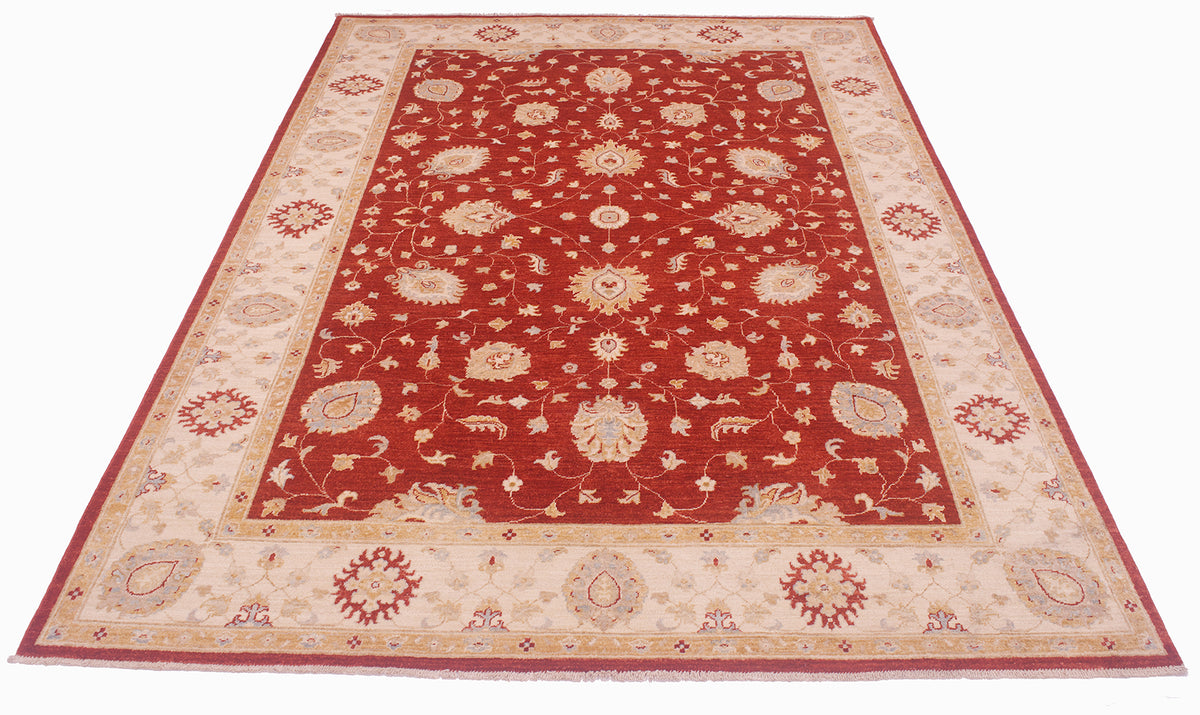 Spacious field of handwoven carpet made with handspun wool and natural vegetable dyes