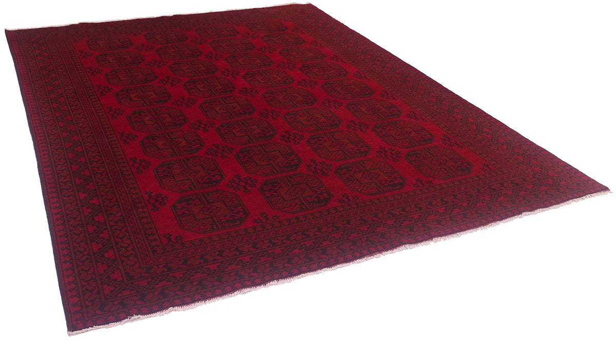 Large red and black Afghan carpet with geometric repeating field pattern and complimentary border on a white background