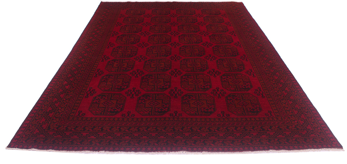 An 11x8 rectangular large red and black Afghan carpet with a deep red field, black field pattern, and a matching dark border, shown flat against a white background.