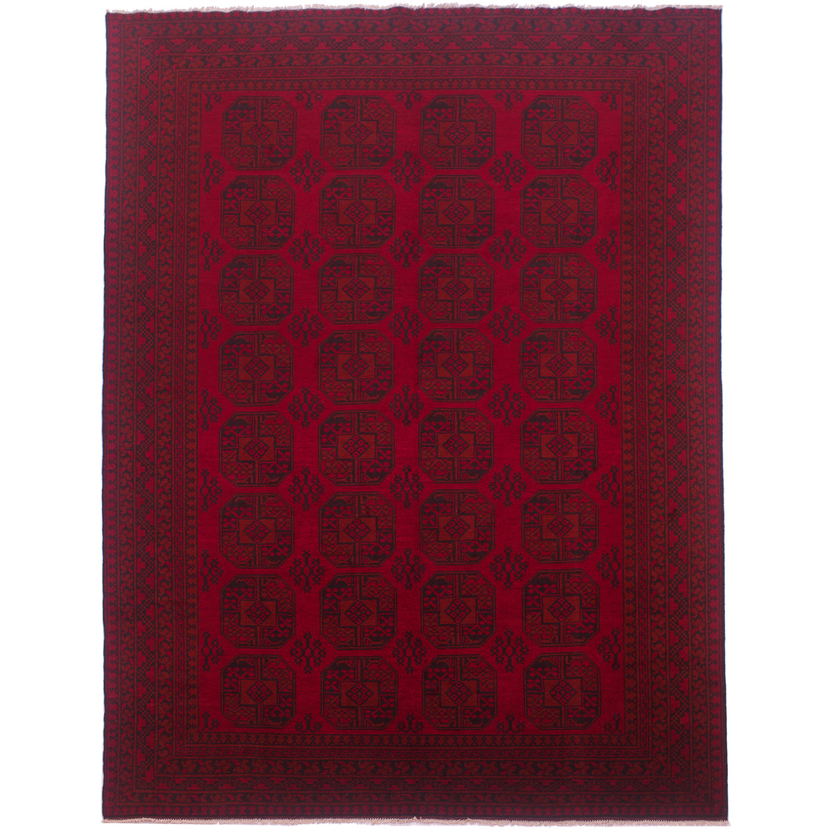 Large red and black Afghan carpet with 32 fil pai / elephant foot motifs.