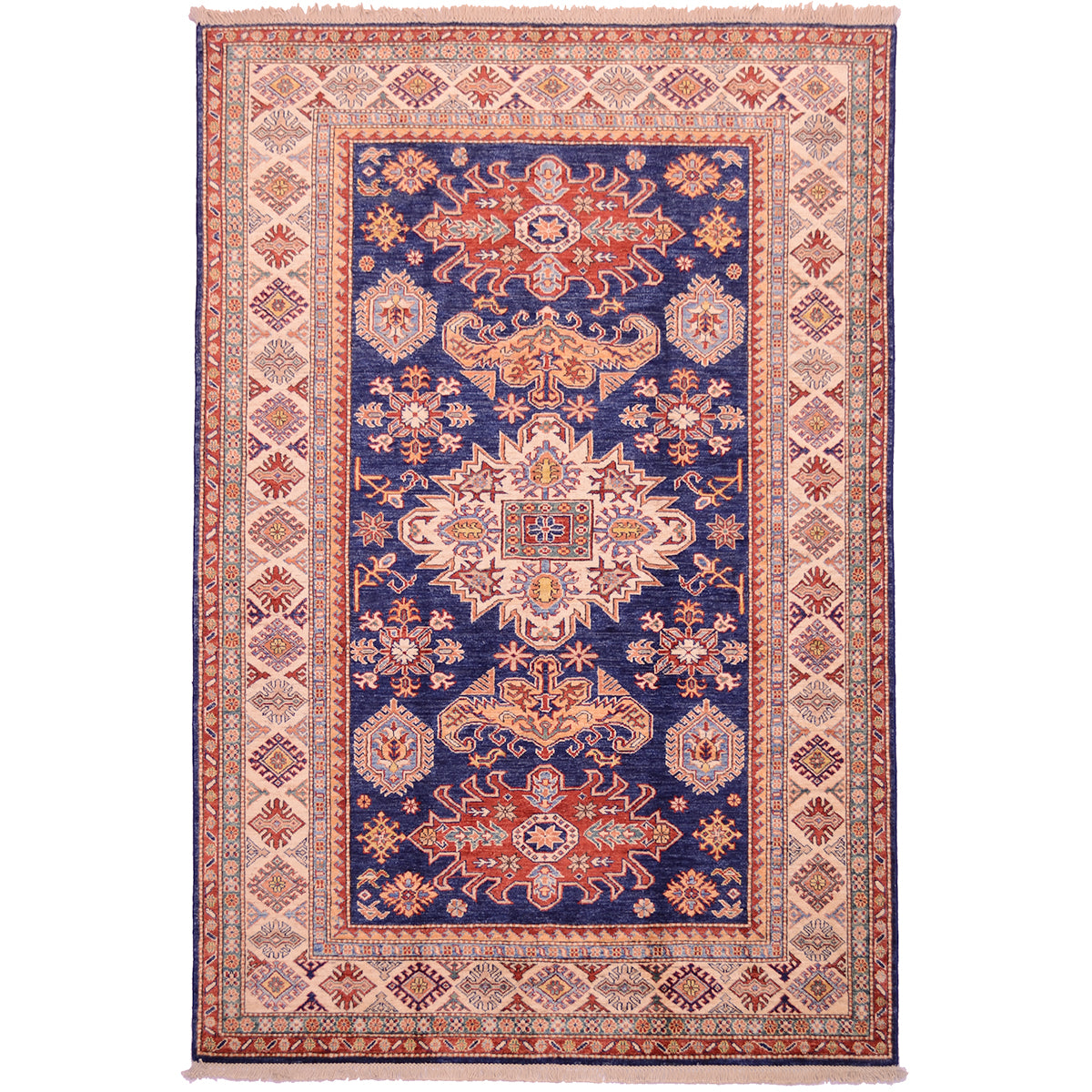 Afghan Navy blue handmade fine Kazak rug with geometric medallion design.