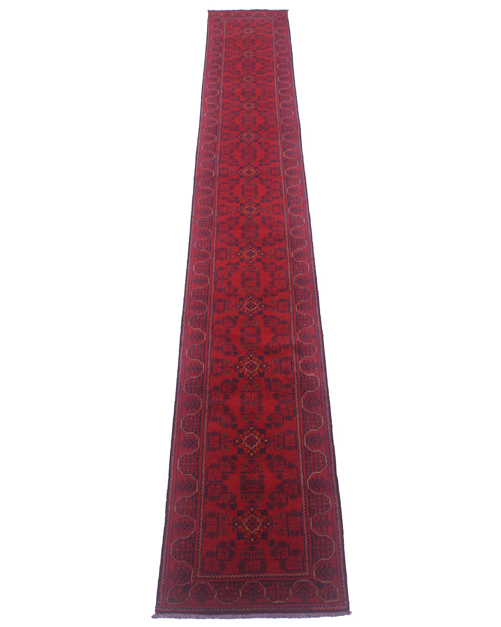 A long, narrow red runner rug/runner with an intricate geometric and floral pattern, shown flat against a solid white background.