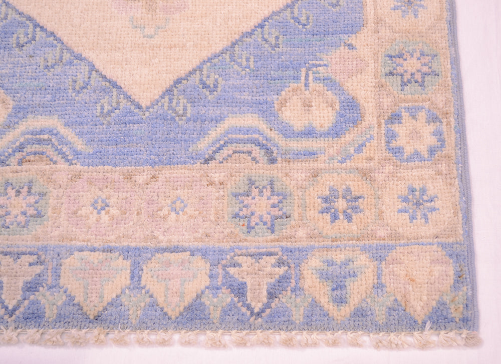 Blue and cream area rug with decorative border and short fringe trim