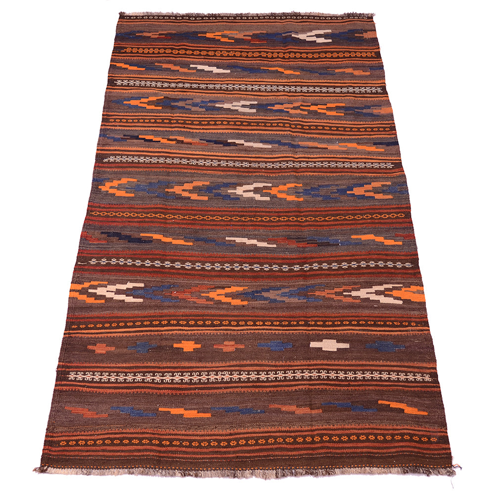 Qala-i-Nau kilim rug with multicolor horizontal stripes and small cross motifs