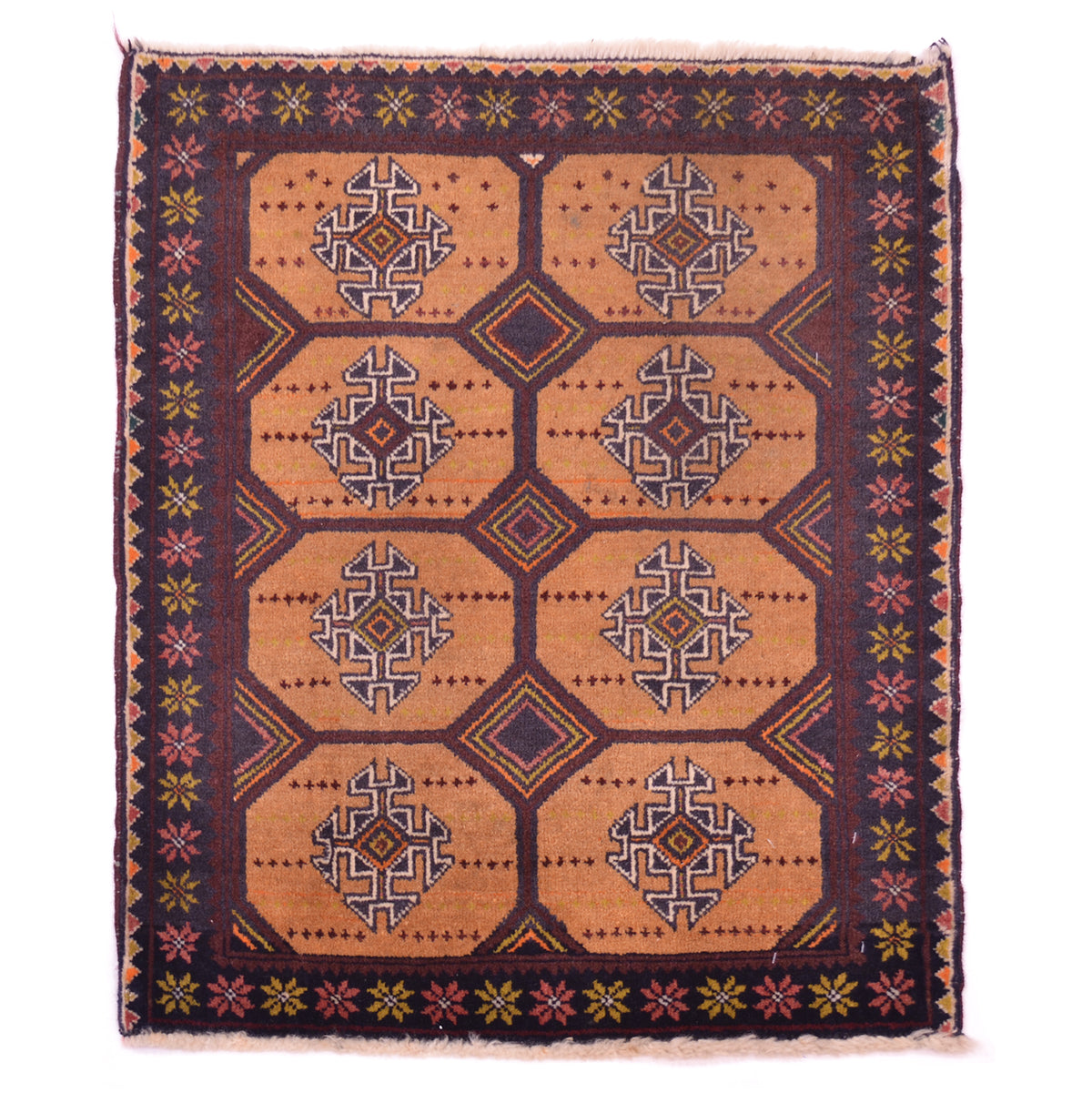 Mature fawn-brown colour Old handmade Belouch mat with all over geometric design.