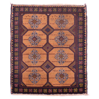 Mature fawn-brown colour Old handmade Belouch mat with all over geometric design.