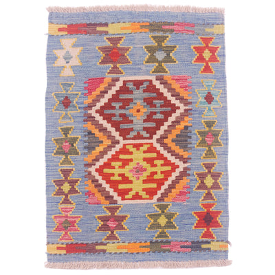 Afghan Kilim mat handwoven with geometric 2 medallion design & light blue border.