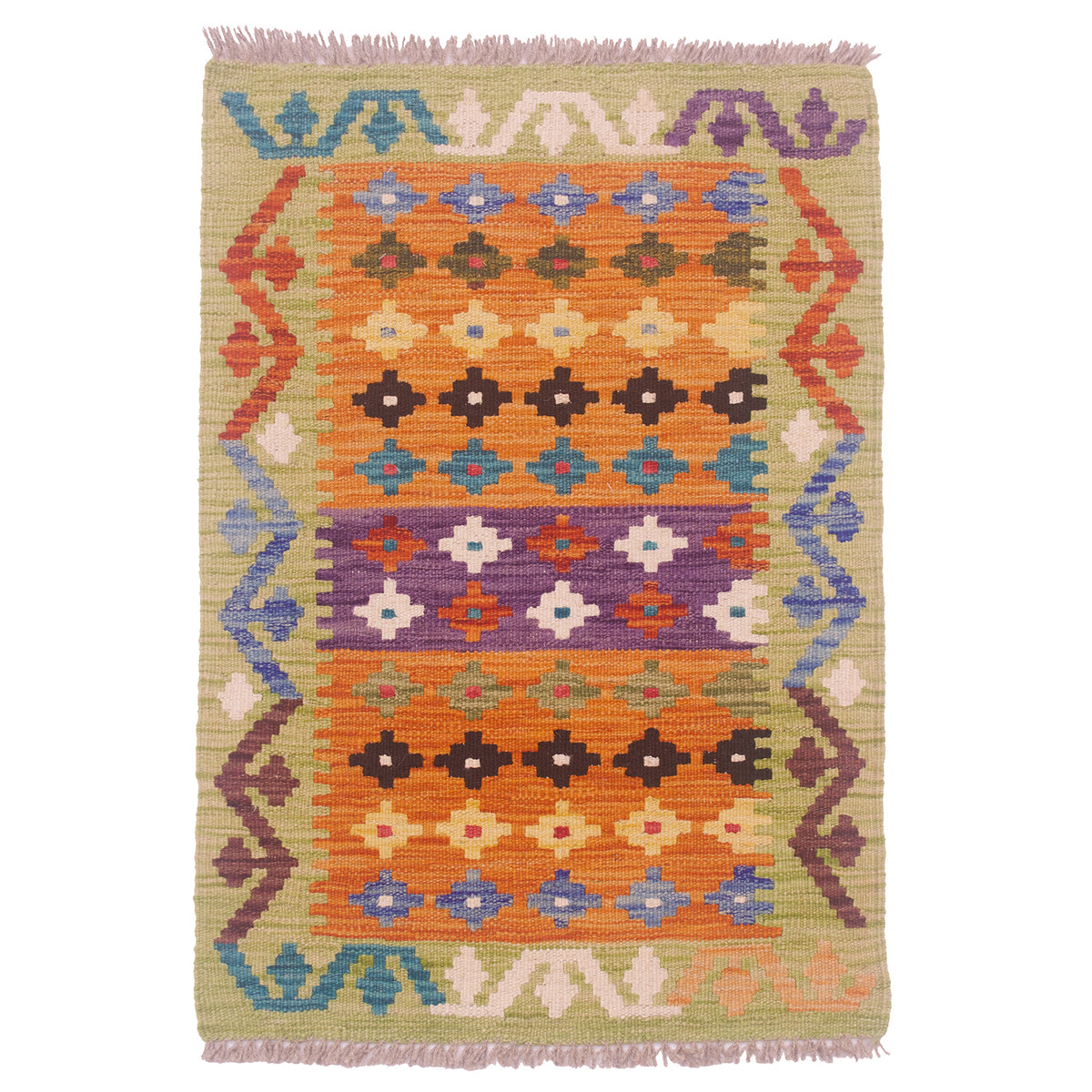 Handwoven Small Kilim from Afghanistan with geometric design in colours of green, orange and purple.