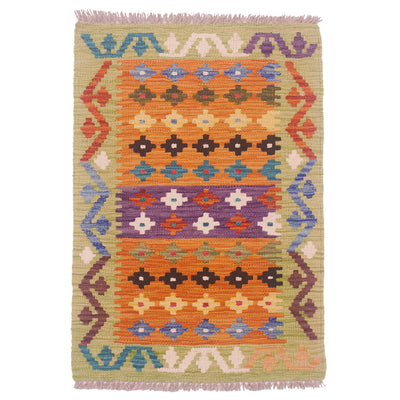 Handwoven Small Kilim from Afghanistan with geometric design in colours of green, orange and purple.