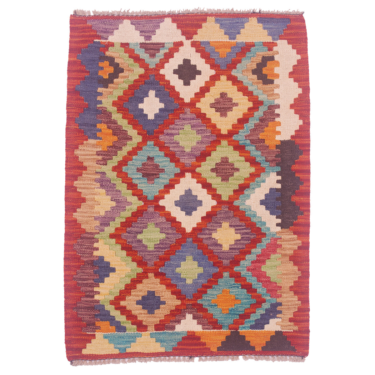 Afghan Vegetable Dyed Kilim Mat with colourful all over geometric design.