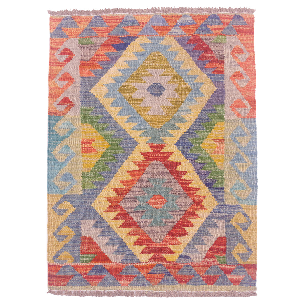 Small handwoven Kilim mat from Afghanistan with geometric double medallion design.