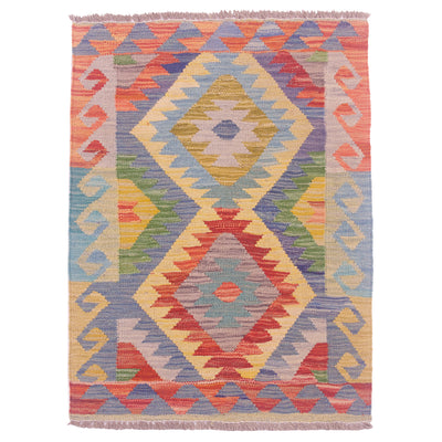 Small handwoven Kilim mat from Afghanistan with geometric double medallion design.