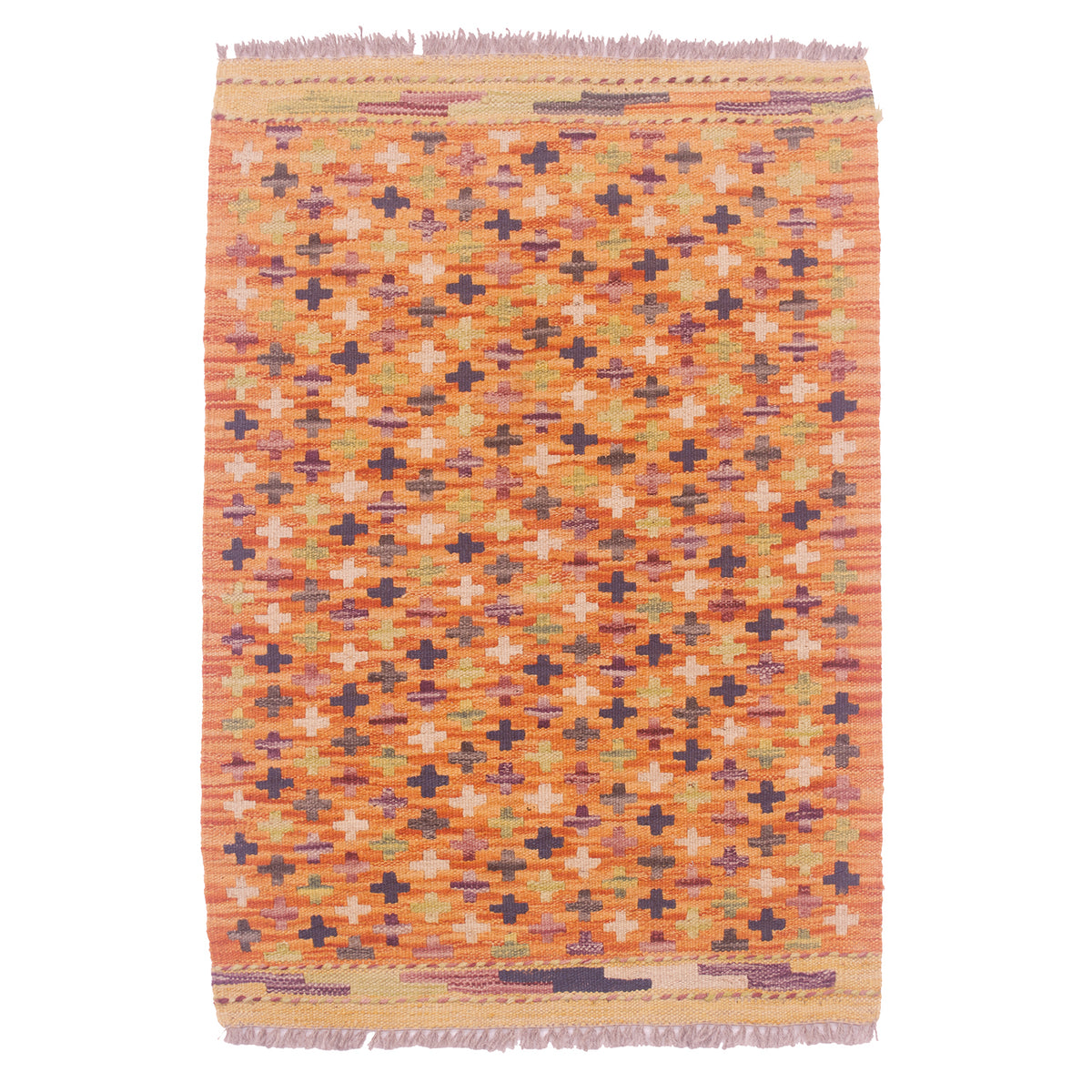 Afghan Veg Dye Kilim Mat with soft orange main colour & all over design of small rosettes.