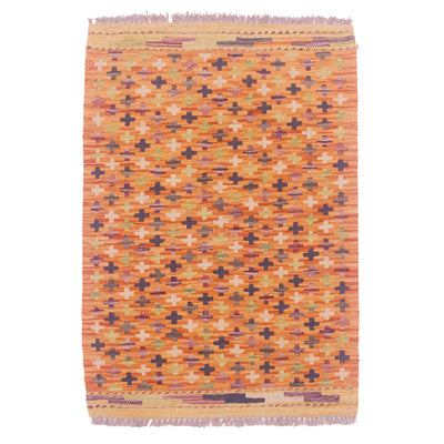 Afghan Veg Dye Kilim Mat with soft orange main colour & all over design of small rosettes.