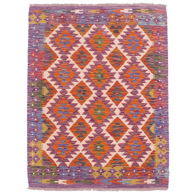 Purple and orange kilim rug with geometric diamond motif and flat woven texture.