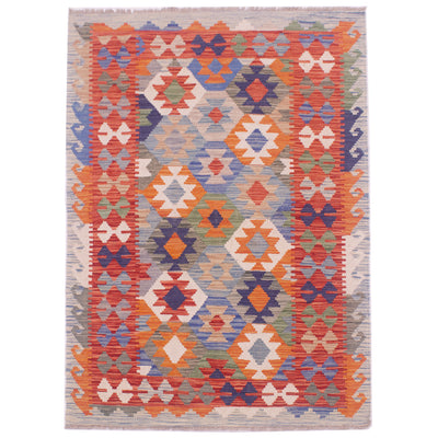 Handwoven Veg Dyed Afghan Kilim Rug with geometric all over design and multicolour scheme.