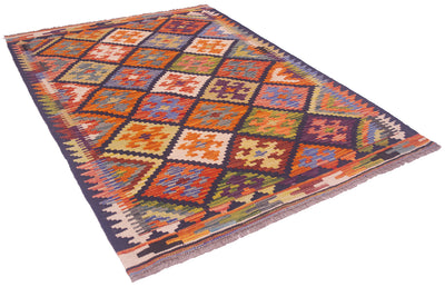 Slightly angled view of geometric Afghan Kilim rug 