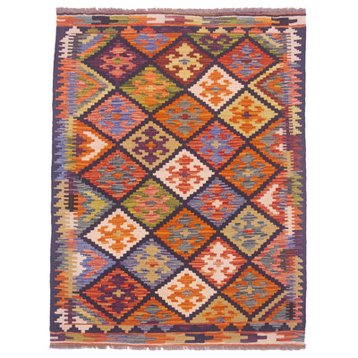 Handwoven colourful Kilim rug with multicolour design & contrasting midnight lattice.