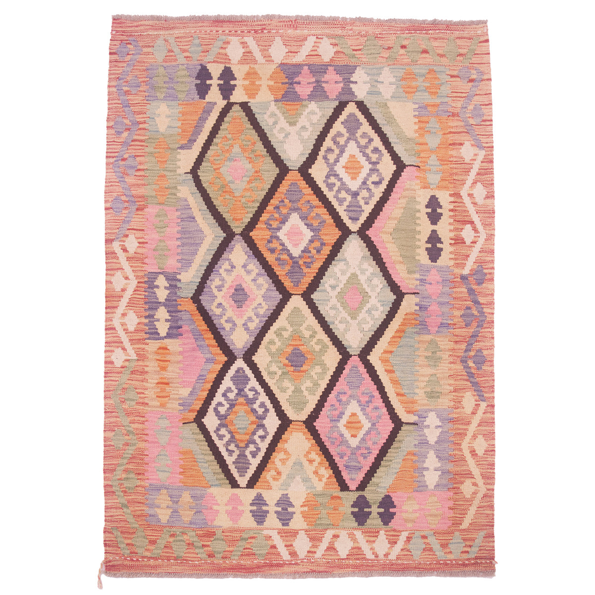 Handwoven Afghan Soft Colour Kilim with contrasting black lattice; all over geometric design.
