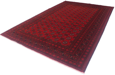 A 9x6 traditional Afghan style area rug with a deep red field, black borders, and intricate geometric and floral motifs in black and cream, shown from an elevated angle on a white background.
