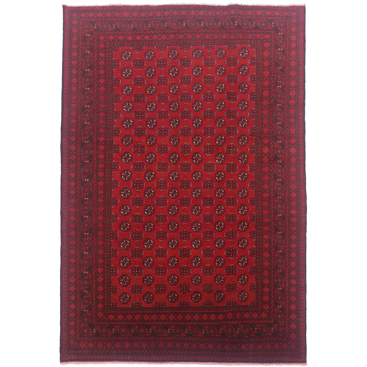 Handmade Red Afghan carpet with traditional all over geometric Bokhara pattern.