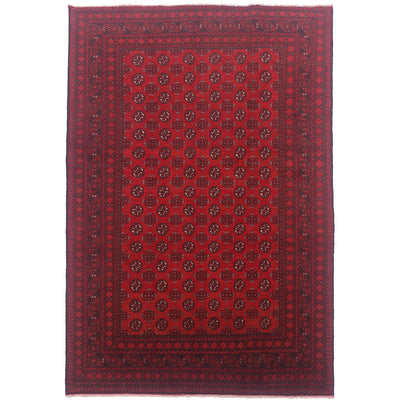 Handmade Red Afghan carpet with traditional all over geometric Bokhara pattern.