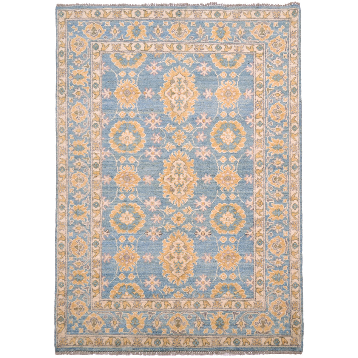 Turquoise and ochre hand-knotted wool pile Afghan Abshari Oushak rug with all over floral design.