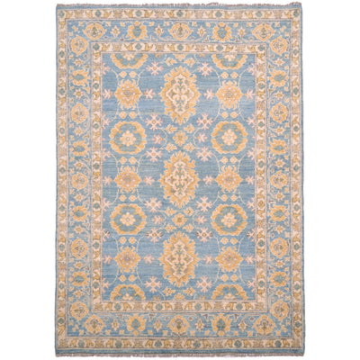 Turquoise and ochre hand-knotted wool pile Afghan Abshari Oushak rug with all over floral design.