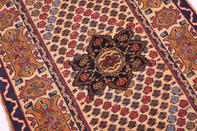 A close-up of a traditional patterned Afghan Kilim-Barjasta Rug with a central floral medallion, geometric borders, and repeating motifs in beige, brown, red, blue, and black.
