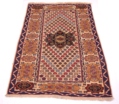 A traditional rectangular Afghan Barjasta Kilim rug with a complex geometric and floral pattern, featuring a central medallion, detailed borders, and fringed edges on a white background.