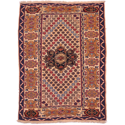 Handwoven Afghan Adraskan/Barjasta Rug of mixed weave techniques with medallion design and cartouche border. Beige colour with dark blue, orange, and rust.