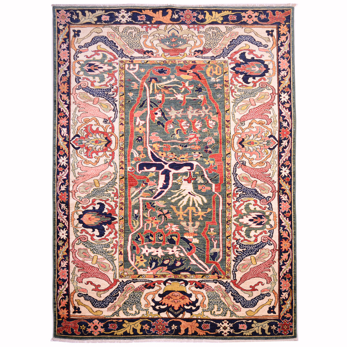 Antique design Afghan Bidjar carpet with abstract floral design with  green ground with wide floral main border with cream base colour. Outer border meandering with deep blue background.