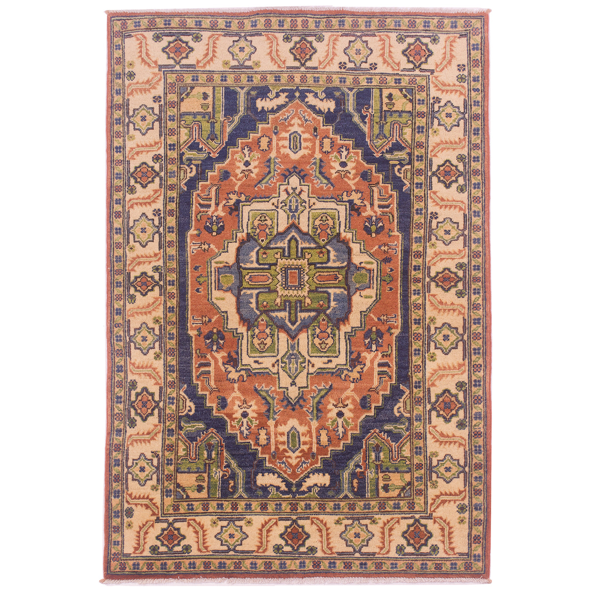 Geometric pattern hand-knotted wool pile Afghan Heriz design handmade rug in colours of terracotta, cream, green and blue.
