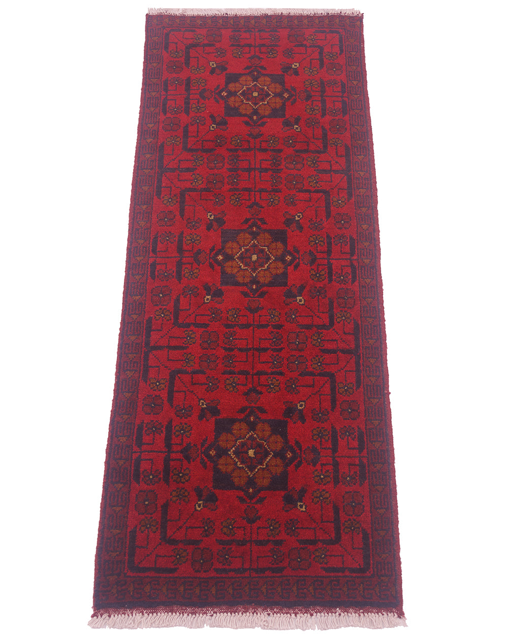 A traditional short runner rug with a vibrant red field, dark navy blue borders, and three central medallions, shown flat against a white background.