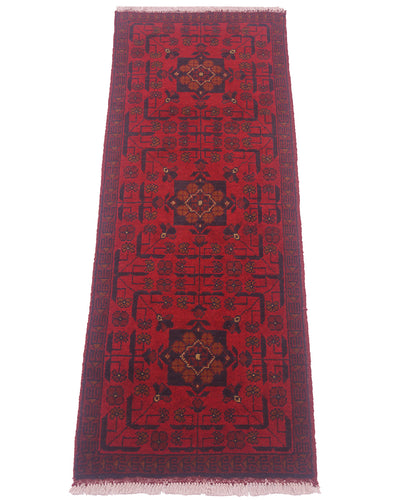 A traditional short runner rug with a vibrant red field, dark navy blue borders, and three central medallions, shown flat against a white background.