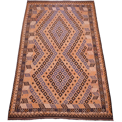 A rectangular hand-woven kilim rug with a geometric diamond pattern in terracotta, purple, brown, and beige, shown flat against a white background.